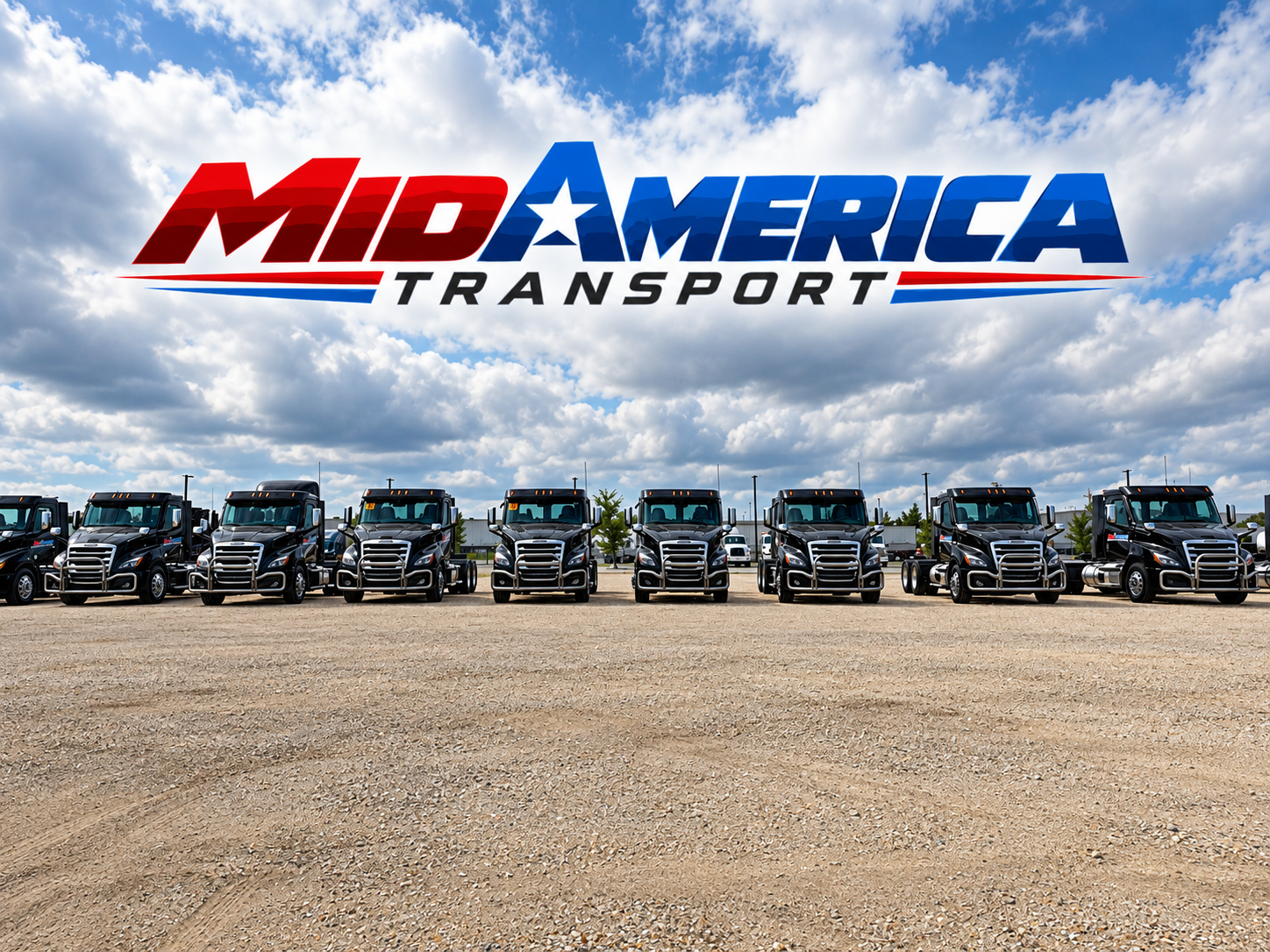 MidAmerica Transport's branded black tractors staged in a fleet lineup